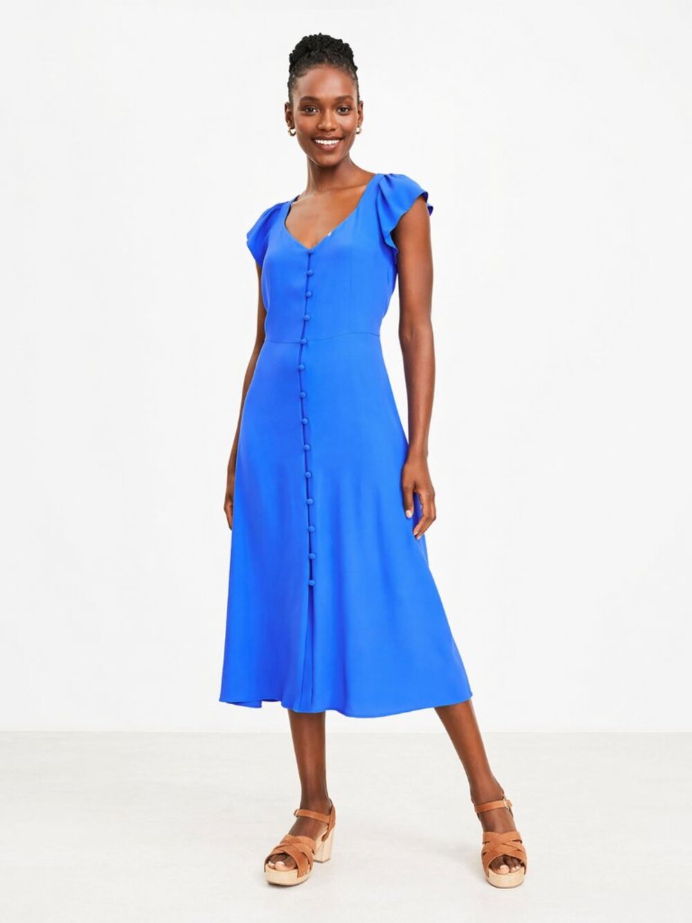 Cerulean Blue Midi Dress – LOFT Petites 18P | Button Front Flowy Dress